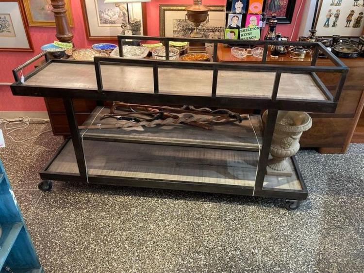 Large, industrial serving cart? Bar? On wheels! 74” x 20” x 41”
