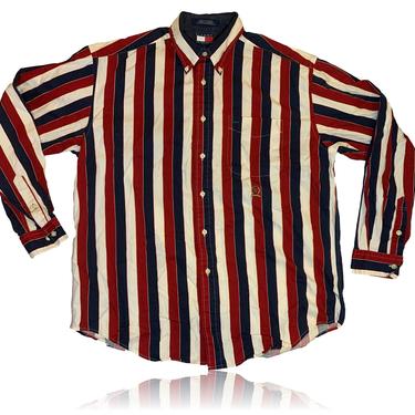 90s Tommy Hilfiger Striped Button Down // Red White Blue  // Long Sleeve Button Down Men's Medium 