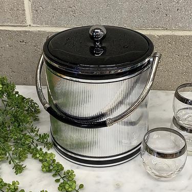 Vintage Ice Bucket Retro 1980s Contemporary + Sigma The Tastesetter + Silver and Black + Patent Leather + Metal + Plastic + Bar + Ice Holder 