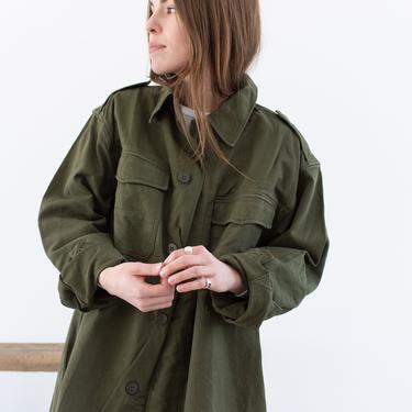 Vintage Olive Green Herringbone Twill Over Shirt | Unisex Simple Jacket | Cotton | L | 