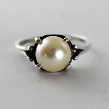 60's sterling pearl size 7.75 classic solitaire, handsome simple 925 silver white 9mm pearl abtract statement ring 
