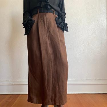 vintage brown linen high waisted maxi skirt with pockets size small 
