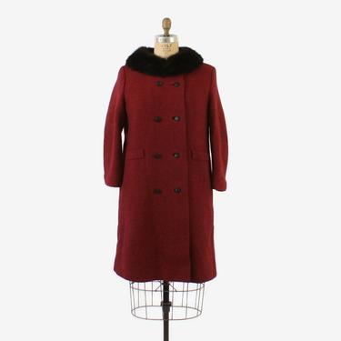 Vintage 60s Winter Coat / 1960s Ruby red &amp; Black Tweed Wool Coat with Black MINK Fur Collar M 