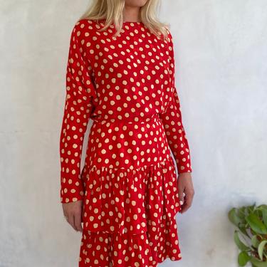 80s Vintage SILK Red &amp; Cream Polka Dot Ruffle Dress - Sz Small / Medium 