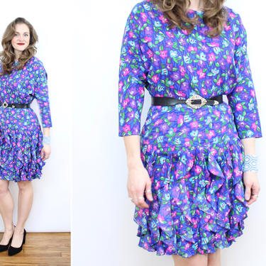 Vintage 80's Blue Floral Ruffled Dress / 1980's Dolman Sleeve Party Dress / SILK DRESS / Fun Bright Floral / Women's Size Small 