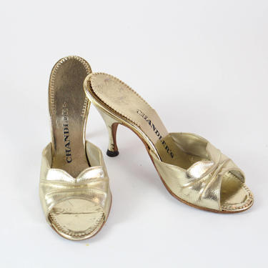 1950s Vintage Bombshell Shoes Gold High Heels Sandals  Size 6 