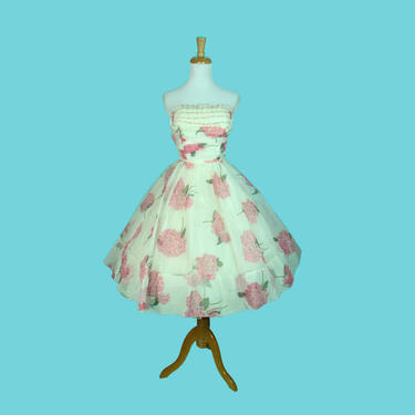 Vintage 1950s Dress Pink Hydrangea Chiffon Circle Skirt, Disney Princess Dress Size XS 33&amp;quot; bust 25&amp;quot; waist 