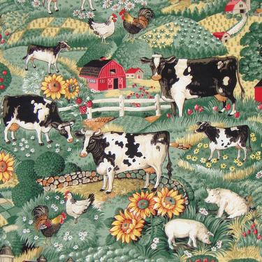 Vintage Barnyard Cotton Fabric Farm Animal Novelty Print 1+ Yd 