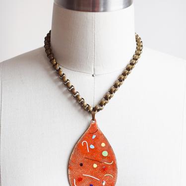 Vintage Artist-made Brass and Enamel Statement Necklace | 1970s-1980s Handmade Red Enamel Pendant with Chunky Brass Chain 