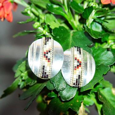 Vintage GWT Sterling Native American Multi-Stone Sterling Silver Curved Disc Stud Earrings, Indigenous Pattern, Textured Accents, 1 1/8&quot; L 