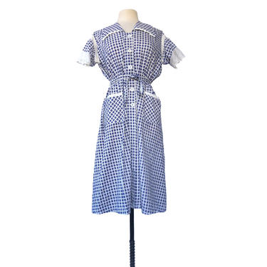 Vintage 40s day dress| blue & white checkered cotton house dress| AS-IS| XL 