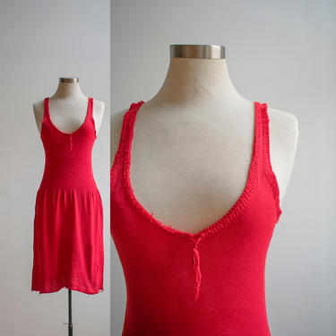 1940s Cotton Nightgown / Bright Red Soft Cotton Nightgown / Vintage Cotton Slip / Vintage Jersey Knit Sleep Dress / 1940s Nightgown Small 
