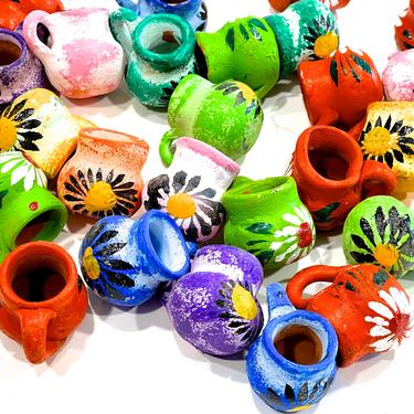 VINTAGE: 10pc - Mexican Terra Cotta Mini Colorful Mugs - Ornaments - Pendants - Crafts - Handmade - SKU 16-D1-00033178 