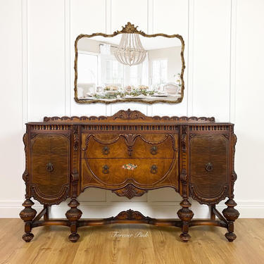 NEW -  Rare Vintage Jacobean Style Buffet with Original Floral Decal, Antique Sideboard, Dining Room Furniture 