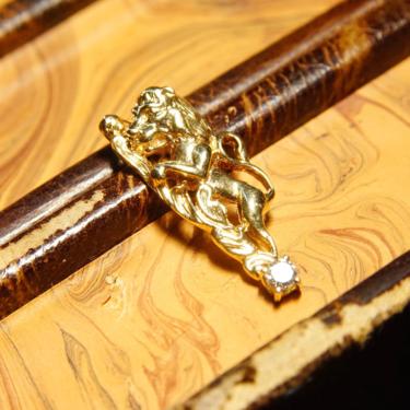 Vintage 14K Gold Diamond Accent Lion Charm, .13 CT Brilliant Diamond, Petite Yellow Gold Lion Pendant, 585 Jewelry, 28mm x 11mm 