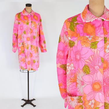 1950s Pink Flowered Robe | 50s Pink &amp; Orange Floral House Coat | Philmaid | Large 