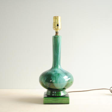 Vintage Mid Century Green Ceramic Table Lamp, Pottery Lamp in Green and Turquoise Trip Glaze 