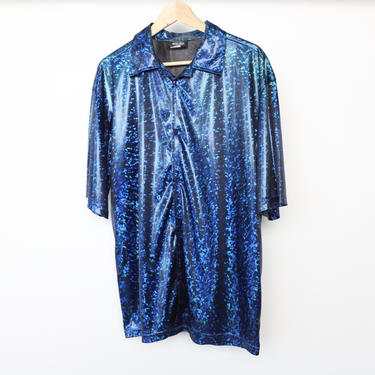 vintage 90s y2k BLUE shimmering CLUB KID short sleeve y2k button down shirt -- size xl 