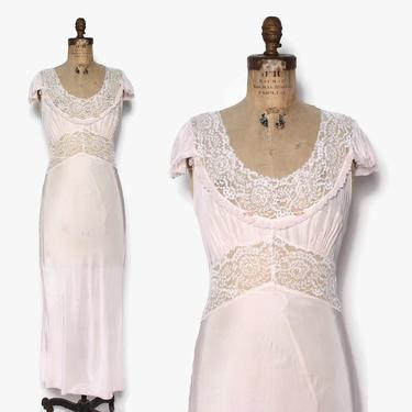 Vintage 40s Lacy Pink Nightgown / 1940s Silky Cap Sleeve Rayon Lace Trim Slip Dress 