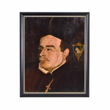 Vintage Oil Painting Priest in Canterbury Cap w Crucifix & Coat of Arms 