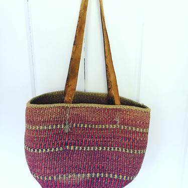 Vintage Woven African Market Basket with Leather handles - In Pink, Navy and Purple Tones 