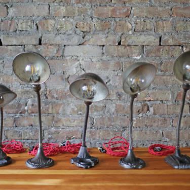 5 mcm rewired vintage gooseneck desk lights with cast iron bases, red cloth twisted wires and black antique plugs 