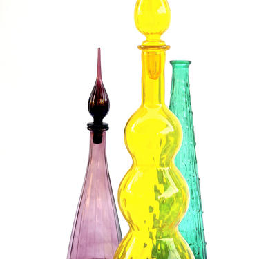 BLENKO|Wayne Husted Lemon Yellow Art Glass Gurgle Decanter w/ Flame Stopper || Collectible MCM Colored Glass Barware Bottle 