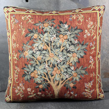 Vintage Tapestry Peach Tree Small Pillow - Beige Velvet Backing - Fruit Tree Tapestry - Tree of Life | FREE SHIPPING 