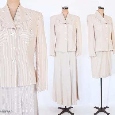 1980s Beige & White Stripe Suit Skirt Set|  80s Three Piece Suit Set | Zelda | Medium 