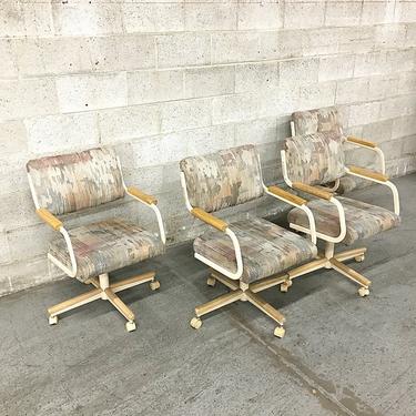 LOCAL PICKUP ONLY Vintage Cushioned Metal Chairs Retro 1990's Set of 4 Matching Tapestry Fabric Wood Chairs with Armrests and Wheels 