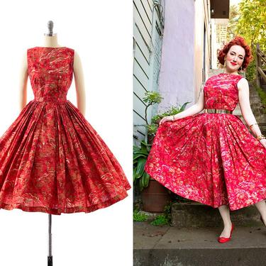 Vintage 1950s Skirt Set | 50s Asian Printed Red Metallic Gold Cotton Two Piece Button Back Blouse & Circle Skirt Dress Set (x-small) 