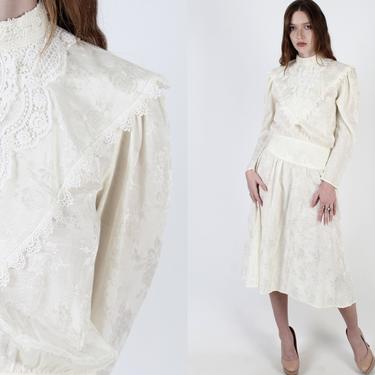 Vintage 80s Scott McClintock Dress Ivory Floral Deco Wedding Lace Collar Maxi Dress 