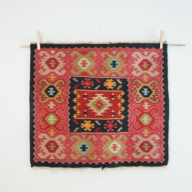 Vintage Small Kilim Weaving in Pink and Black, Kelim Textile, Small Square Kilim Rug, Handwoven Turkish Kilim Textile Wall Hanging 