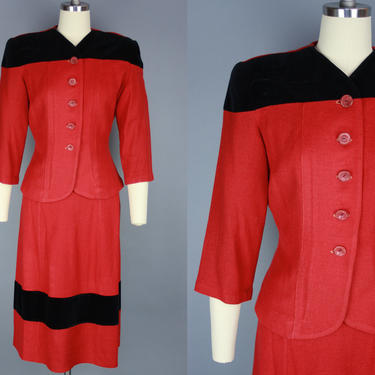 1940s RED &amp; BLACK Suit | Vintage 40s Wool and Velvet Skirt Suit | Medium 