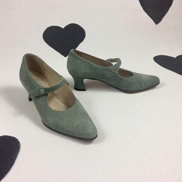 80's does 20's mint suede mary jane princess heels 1980's 1920's flapper sea foam leather flared high heel mary janes pointed toe shoes 8 