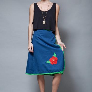 wrap skirt, apron skirt, applique skirt, navy blue green trims floral flower vintage 70s M MEDIUM 
