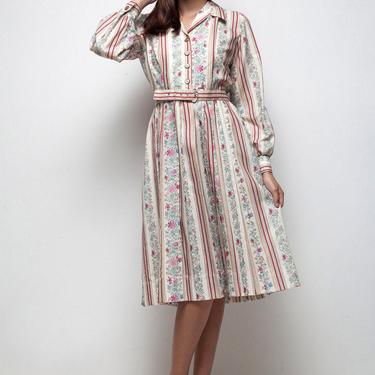 classic shirtwaist dress vintage 70s pleated floral striped wallpaper print LARGE L 
