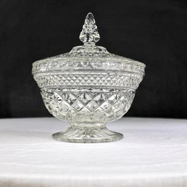Vintage Crystal Diamond Cut Glass Compote Candy Dish with Lid 