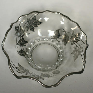 vintage glass bon bon dish with silver overlay and ruffled edge 