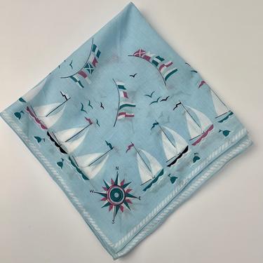 1950's Sailboat Hankie - All Printed Cotton - Powder Blue Sailboat Imagery - 20 inches x 20 inches 