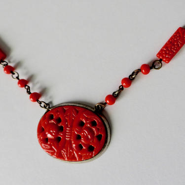 Art Deco Red Czech Pressed Glass Necklace 