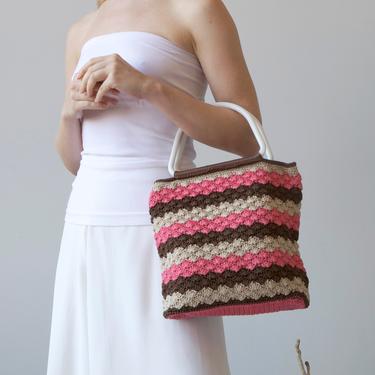 handmade pink brown crochet tote bag 