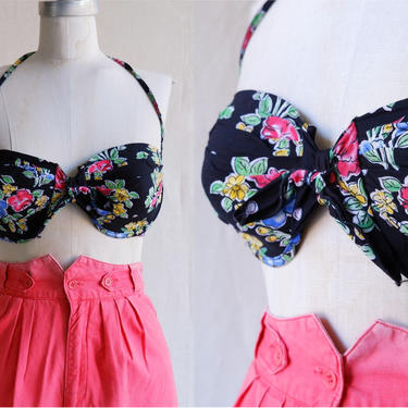 Vintage 80s Floral Cotton Halter Top/ 1980s Bikini Tie Front Pinup Sun Top/ Size Medium 