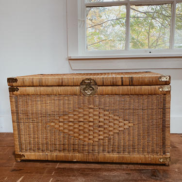 1970s Chinoiserie Handwoven Wicker Trunk or Blanket Chest with Brass Hardware 