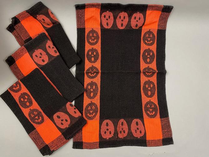 Vintage Fallani and Cohn Halloween Dish Towels (Lot of 4) Orange Black Jack O' Lanterns 