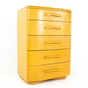 Heywood Wakefield Mid Century Blonde Solid Wood 5 Drawer Highboy Dresser - mcm 