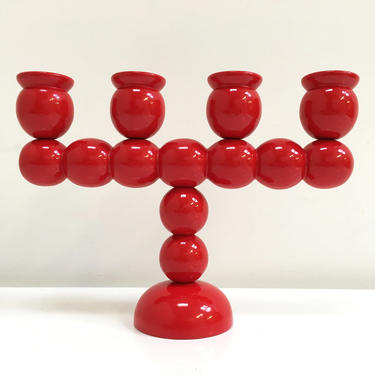 Modernist Memphis Candelabra Candlestick Holder Red Wood Sculptural Pop Art 