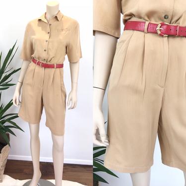 Vintage Beige Rayon Button Front Blouse &amp; Bermuda Walking Shorts Set Suit 