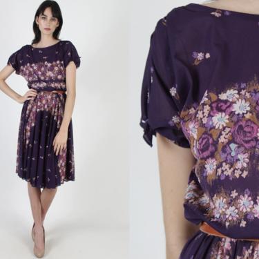 Purple Shoulder Ties Garden Floral Dress / Casual Draped Tie Sleeves / Vintage Sheer 70s Wildflower Garden Flowey Sun Mini Midi Dress 