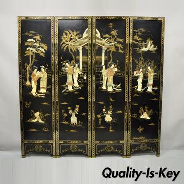Chinese Black Carved Soapstone Geisha Girl 4 Panel Folding Screen Room Divider